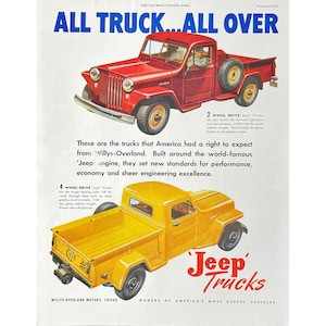 Jeep Trucks Vintage Print Ad 1947 Willys Overland Truck Retro Jeep Memorabilia 1940&#39;s Jeep Truck Photo Collectors Gift Mid Century Modern