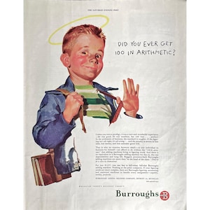 Burroughs Adding Machine 1949 Vintage Print Ad Vintage Business Memorabilia Retro Office Product Advertisement School Boy With Book Bag Ad