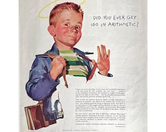 Burroughs Adding Machine 1949 Vintage Print Ad Vintage Business Memorabilia Retro Office Product Advertisement School Boy With Book Bag Ad