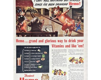 Borden's Hemo Drink Vintage Print Ad 1943 Elsie The Cow Memorabilia Hemo Healthy Chocolate Drink Collectors Advertisement Borden's Chocolate