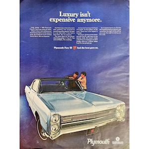 1968 Plymouth Furry III Vintage Print Ad Retro Car Memorabilia Chrysler Automobiles Mid Century Modern Couple Leaning on Car Photo Ad