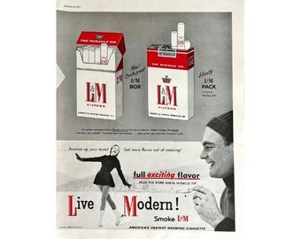 lm cigarettes Vintage Print Ad L&M Cigarettes 1951 Original Magazine Advertisement 1950's  Retro Cigarette Ads Vintage Smoking Wall Art Retro Ice Skater