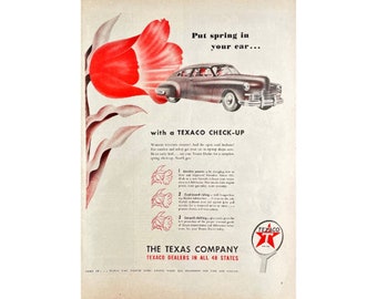 Texaco Company Vintage Print Ad 1947 Original Magazine Advertising Car Care Ads Retro Magazine Print Scrapbooking Vintage Cars Wall Decor