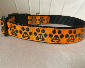 Halloween Jack O Lantern  Paw Print Dog Collar
