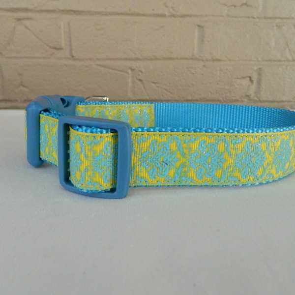 Bright Blue on Yellow Sparkle Damask Dog Collar