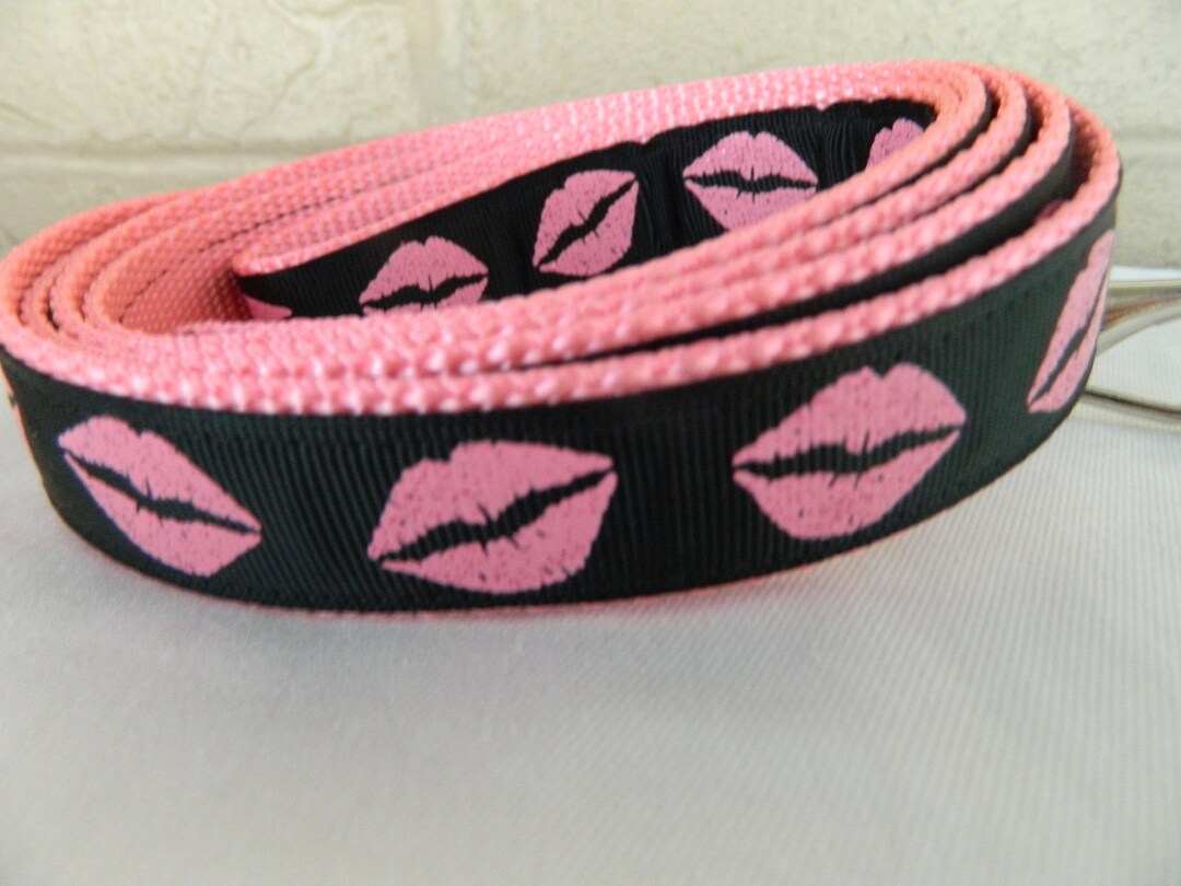 Pink Glitter Lips on Black Dog Leash Etsy