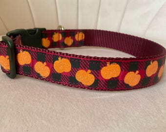 Fall Pumpkins on Burgundy Plaid Dog Collar