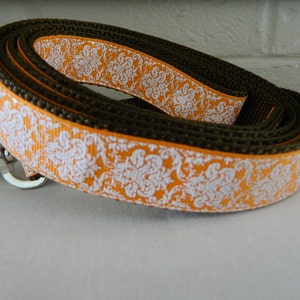 White Sparkle Damask on Orange Dog Leash