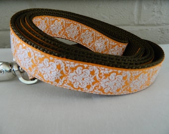White Sparkle Damask on Orange Dog Leash