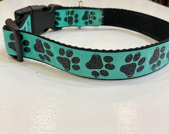 Black Glitter Paw Prints on Tropic Dog Collar