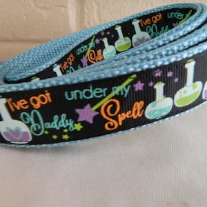 May include: A black and blue dog collar with a white, orange, and green print of potion bottles and stars. The text "I've got under my Daddy's Spell" is printed on the collar.