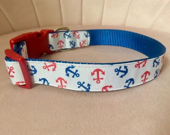 Patriotic Red and Blue Anchor Dog Collar