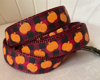 Fall Pumpkins on Burgundy Plaid Dog Leash