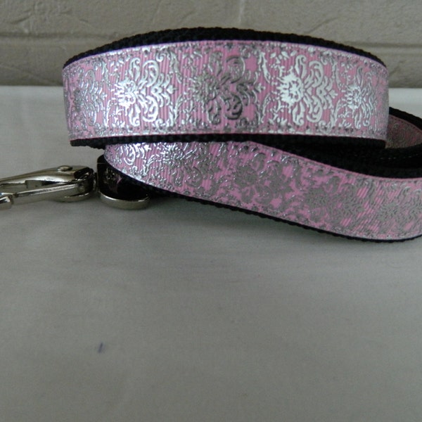 Silver Foil Damask on Pink Dog Leash