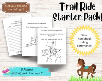 May include: A Trail Ride Starter Pack with the text "Get your trail ride started right!" and "Trail Ride Starter Pack!" includes basic horseback riding commands and a sign-in sheet. The PDF digital download has 6 pages.