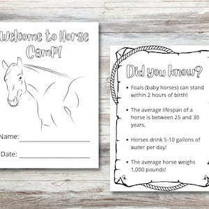 May include: A black and white printable colouring page featuring a horse with the text "Welcome to Horse Camp!" and a section for a name and date. The page also includes fun facts about horses, such as their lifespan and how much water they drink.