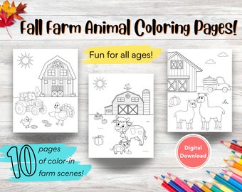Fall Farm Animal Coloring Pages for Kids | Printable Preschool Activity Sheets | Autumn Farm Scene PDF | Horse Camp & Classroom Worksheet