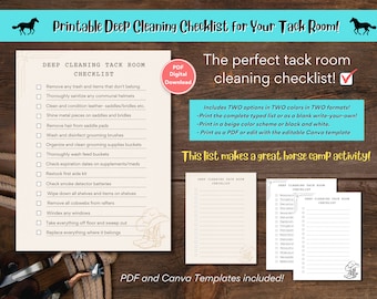 Printable Tack Room Cleaning Checklist- Printable, PDF, Cleaning, Checklist, Horse Camp Activity, Farm Chores, Equine, Horse, Canva Template