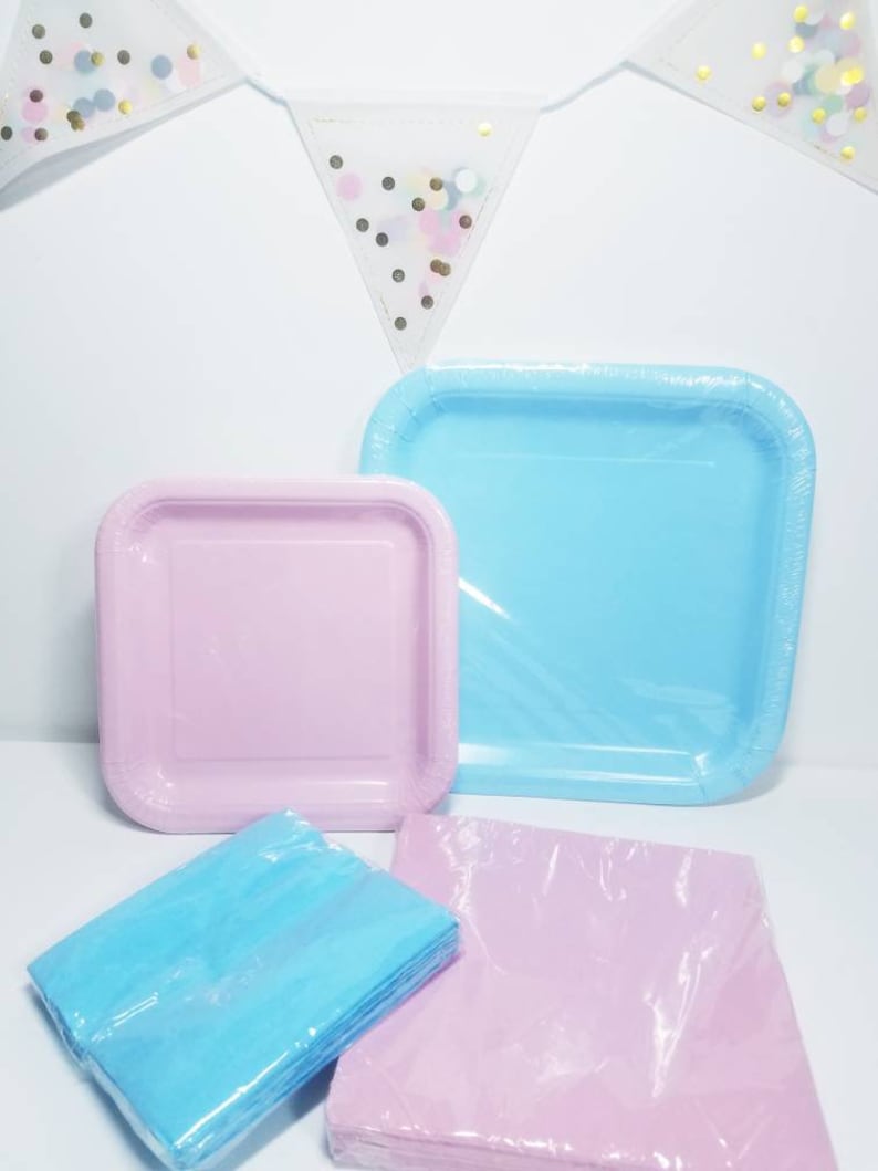 Package deal serves 14 Pink /& Blue square Party entree and dessert plates napkins tableware birthday gender reveal baby shower wedding