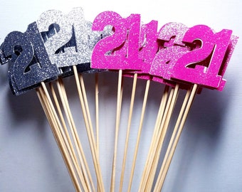 21 21st party centerpiece toppers sticks picks anniversary  2" glitter table decorations birthday party favors retirement  twenty-one
