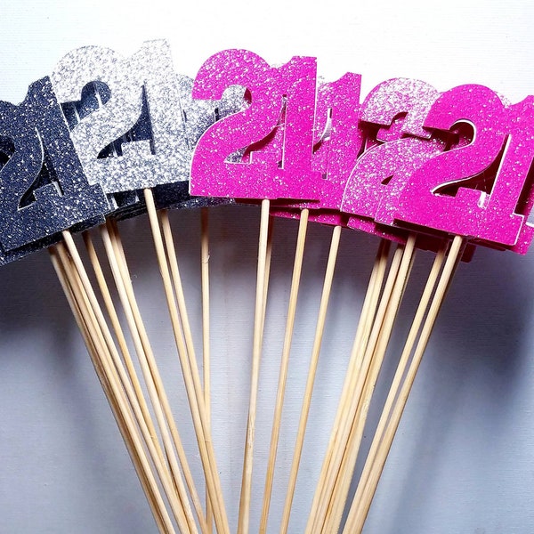 21 21st party centerpiece toppers sticks picks anniversary  2" glitter table decorations birthday party favors retirement  twenty-one