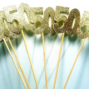 50th golden Anniversary birthday party centerpiece toppers in glitter for use as table decoration 50 s favors 2" retirement fifty fiftieth