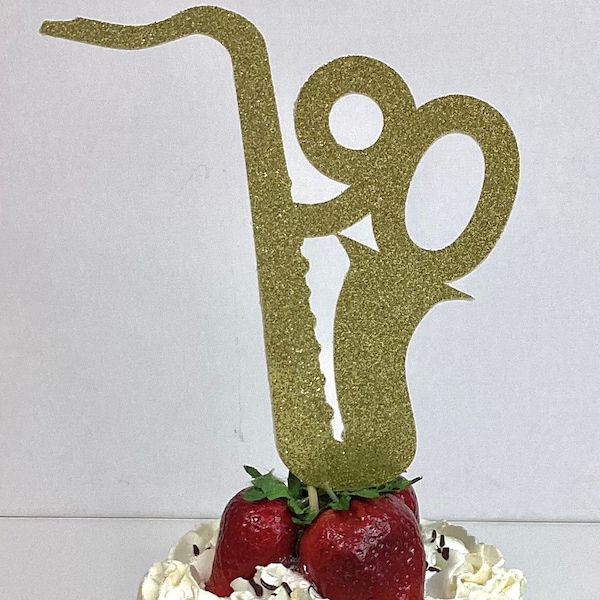DOUBLE SIDED personsalized saxophone choose age cake topper birthday anniversary retirement party 100th 30th 40th 50th 21 musician band