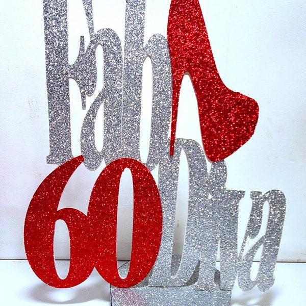 Choose age number 40 50 60 & Fab age fabulous diva high heel shoe glitter perosnalized centerpiece birthday party wedding table decor 12.5"