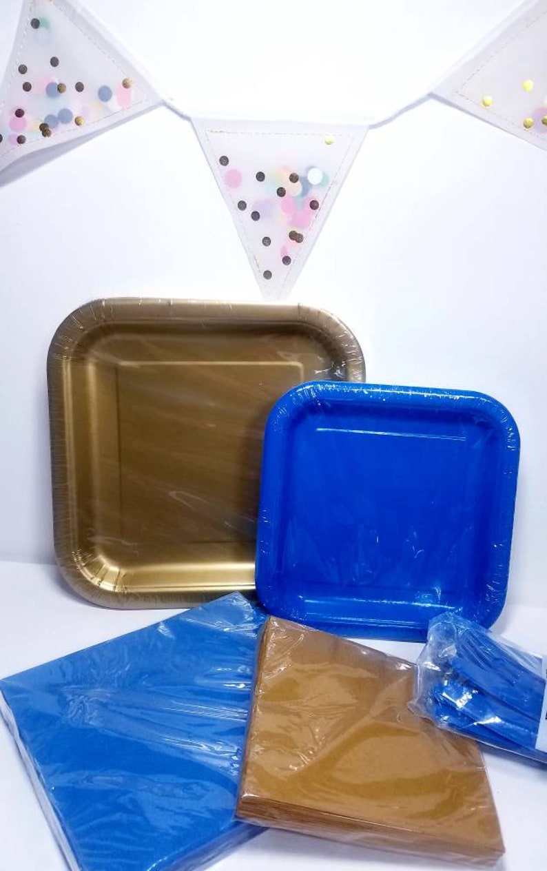 Package deal serves 14 Gold /& Royal Blue square Party entree and dessert plates napkins tableware birthday royal little prince baby shower