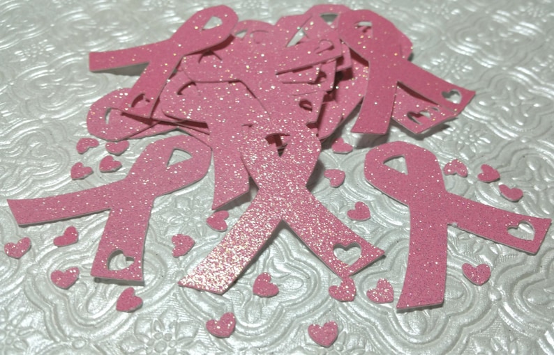 Choose color Cancer Awareness ribbon and hearts 2 on glitter to make pins confetti die cuts tags invitations inserts table decoration