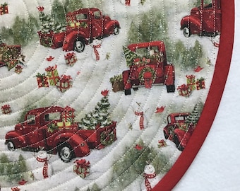 Vintage Red Truck Christmas Placemats, Holiday Placemats, Round Quilted Placemats, Sold in Sets of 2, (Napkins Sold Seperately)