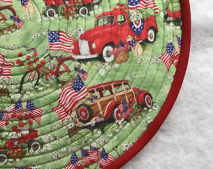 Featured listing image: Patriotic Placemats, American Flags, Trucks and Dogs, Round Quilted Set of 2