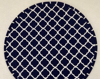 Navy Blue  with White Quatrefoil Pattern.  Quilted around Placemats.