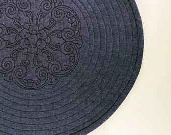Denim Blue Machine Embroidered Quilted Round Placemats in a Linen/Cotton Washable Fabric (2 per order)