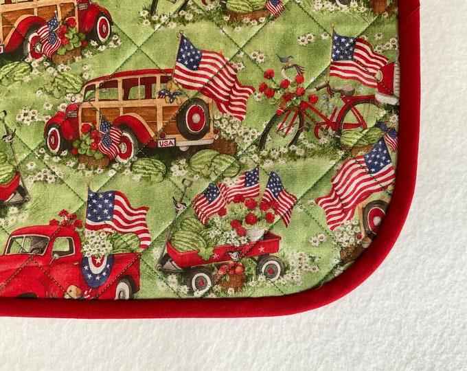 Featured listing image: Patriotic Print, All American, Flags, Trucks and Dogs, Quilted Cotton Placemats, Set of 2
