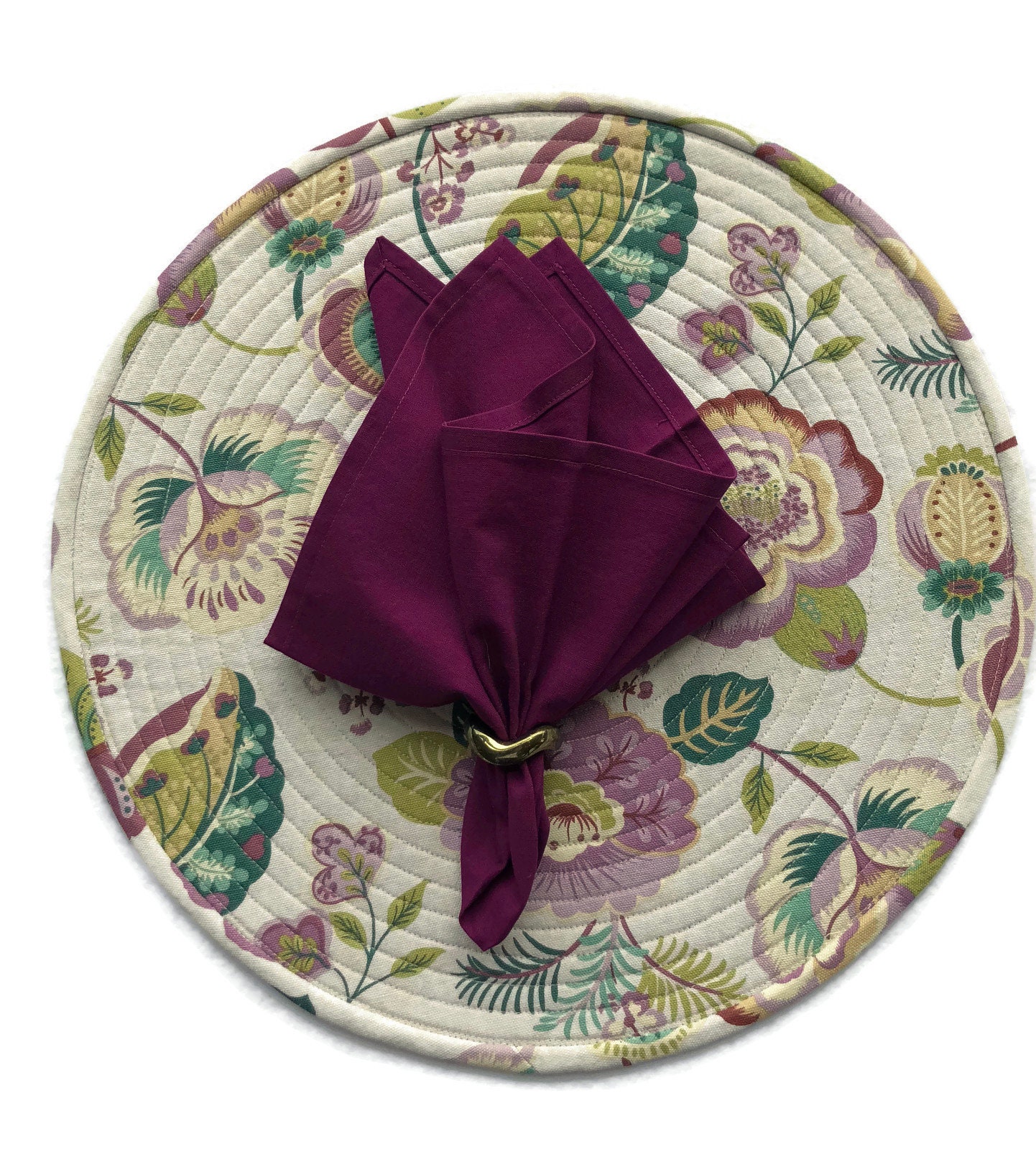 Lilac, Teal and Green Floral Print Quilted Round Placemats, Sold in