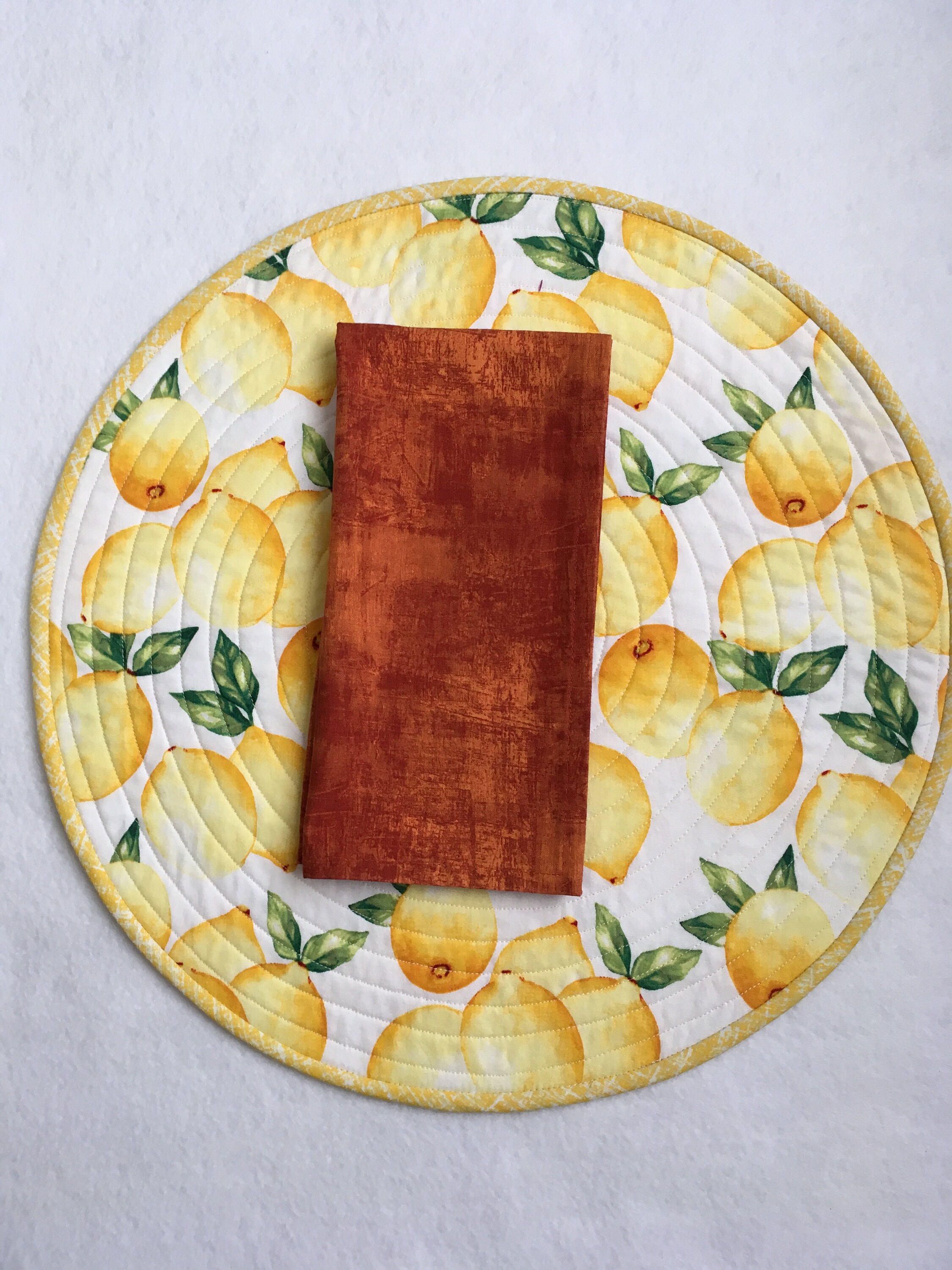 Lemon Print Quilted Round Placemat, Sold in Sets of 2
