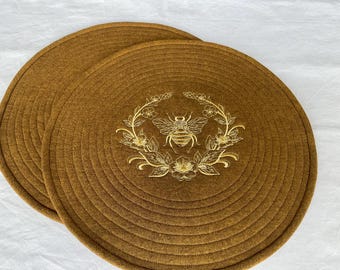 Embroidered Napoleonic Bee Placemats, Brown Linen Cotton, Set of 2