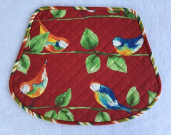 Outdoor Fabric Placemats, Colorfull Birds and Leaves Wedge Shaped Placemats, quilted Outdoor Placemats, Sold in Sets of 2