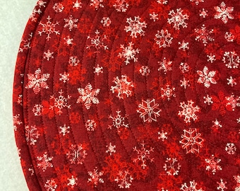 Snowflakes on Red Round Quilted Placemats