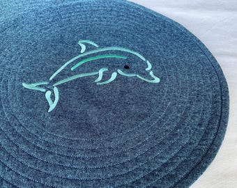 Embroidered Dolphin Placemats, Blue Linen Cotton Round Set