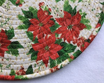 Red Poinsettias on an Elegant Cream and Metallic Gold Background, Christmas Placemats, Round Quilted , Sold in Sets of 2,