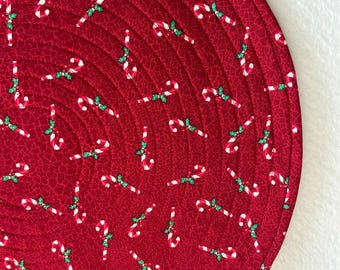 Christmas Candy Canes on Red Quilted Round Placemats, Sold in Sets of 2
