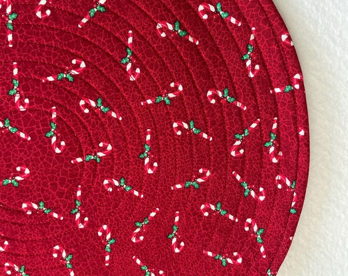 Featured listing image: Christmas Candy Canes on Red Quilted Round Placemats, Sold in Sets of 2
