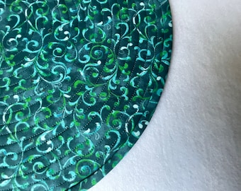 Shades of Teal in a Swirled Pattern, Quilted Round Placemats, Sold in Sets of 2