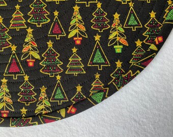 Golden Mini Christmas Trees all Dressed up for The Holidays, Christmas Placemats, Quilted Round Placemats, Sold in Sets of 2