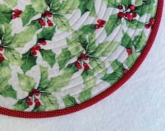 Green Holly with Red Berries on a White Background, Quilted Round Placemats, Sold in Sets of 2