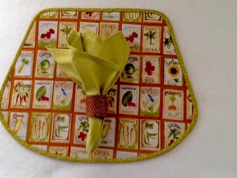 Old fashioned seed packs Seed packets quilted placemats wedge shape Farmers placemat