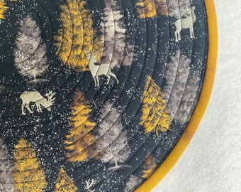 Silver and Gold Christmas Trees, Metallic Silver Reindeer and Snow, Quilted Round Placemats, Sold in Sets of 2