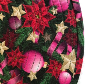 Bright Pink Christmas Ornaments against a Rich Green Foliage Background, Quilted Round Placemats, Sold in Sets of 2